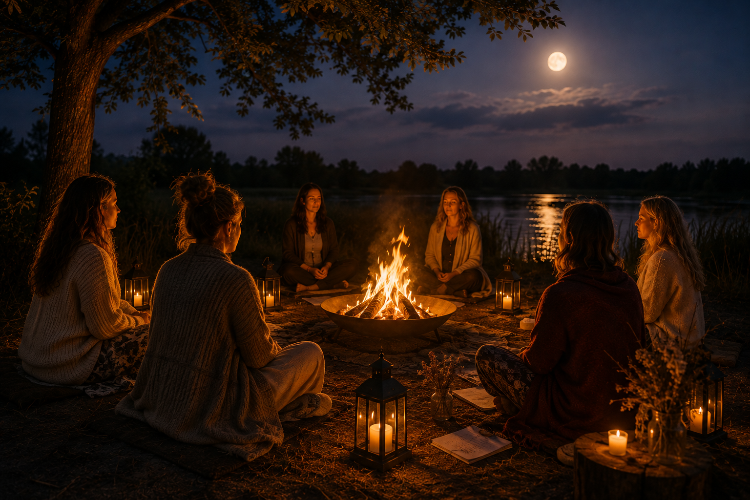 Vuurritueel bij Zen Ranch tijdens de volle maan ceremonie Vanaf Hier